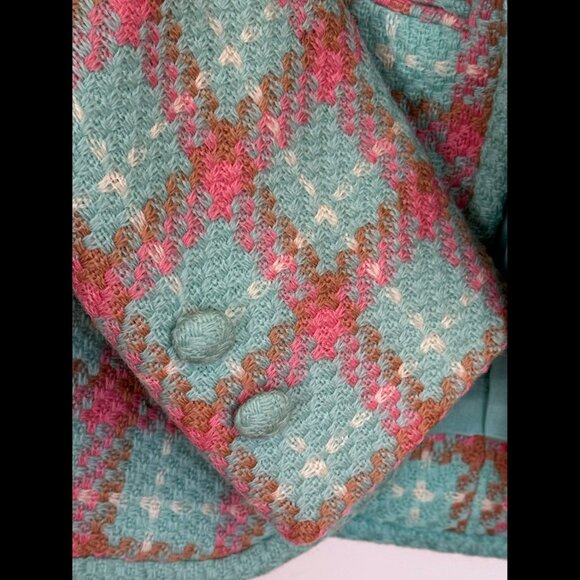 Vintage Chanel Style Custom-Made Handcrafted Wool Jacket, Pink and Blue Plaid - Picture 4 of 5